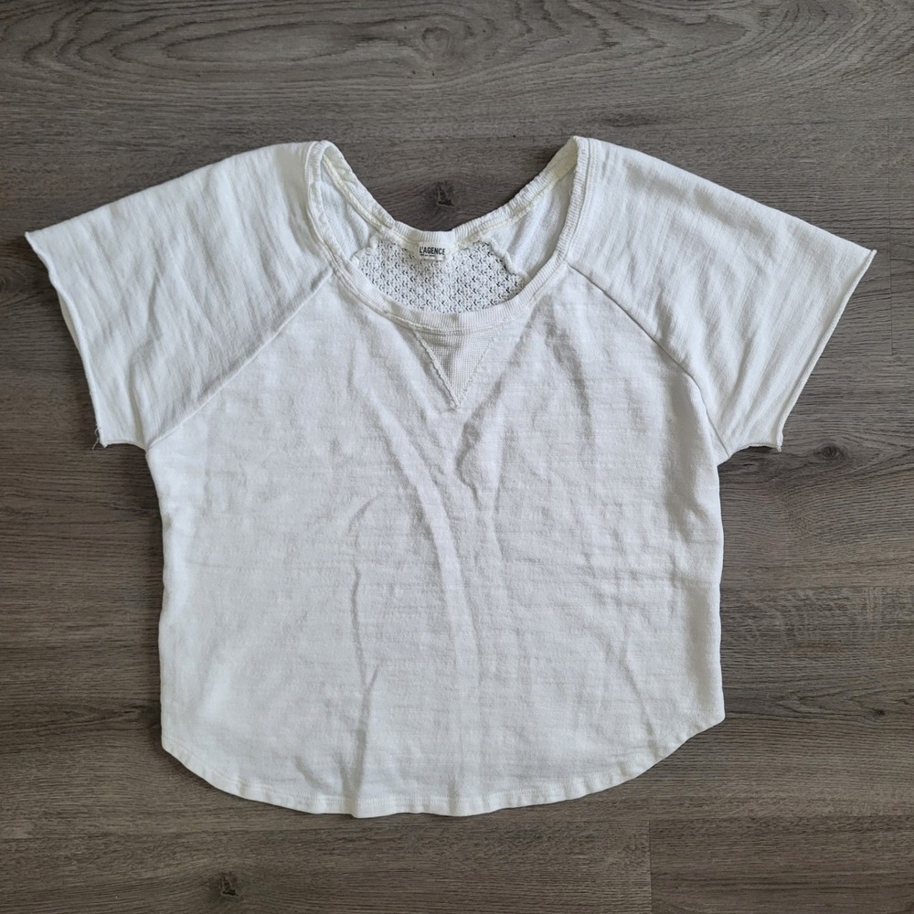 L'AGENCE White Short Sleeve Crochet Back Mixed Media Knit Top Small Coastal Airy